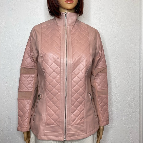 🆕 Buffbunny Faux Leather Moto Quilted Mesh Inset Full Zip Jacket Size M Pink - Picture 2 of 12